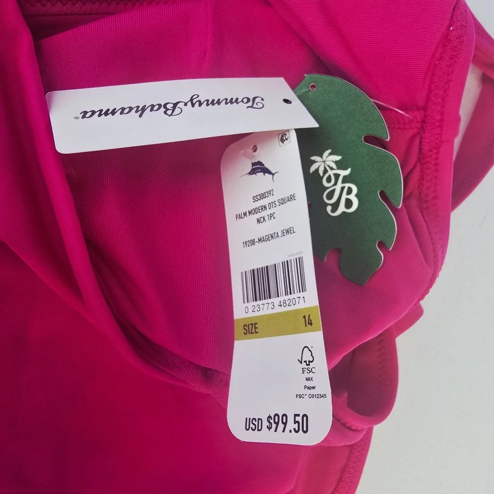 Tommy Bahama 93B NWT Palm Modern Square Neck One Piece Swimsuit Magenta Jewel 14